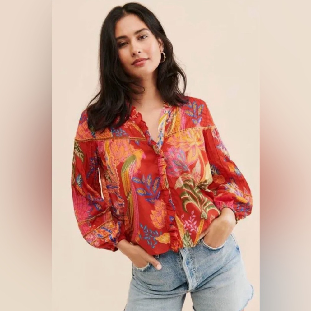 Pristine. Farm RIO Printed Mock Neck Blouse with Velvet Trim and Ruffle Neck